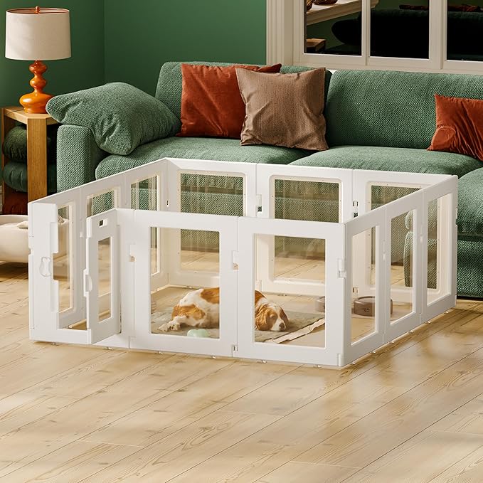 Clear Acrylic Dog Playpen Indoor, Puppy Cat Small Pet Play Pen, Easy Assemble & Disassemble Sturdy Plastic Dog Fence with Heavy Duty Door Lock (24In H, 12Panels), White