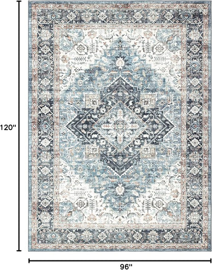 Area Rug 8×10, Large Vintage Boho Rug,Ultra-Soft Low Pile, Washable, Non Slip,Stain Resistant, Printed Carpet for Living Room Bedrooms Playroom Office Kitchen, Blue/Navy
