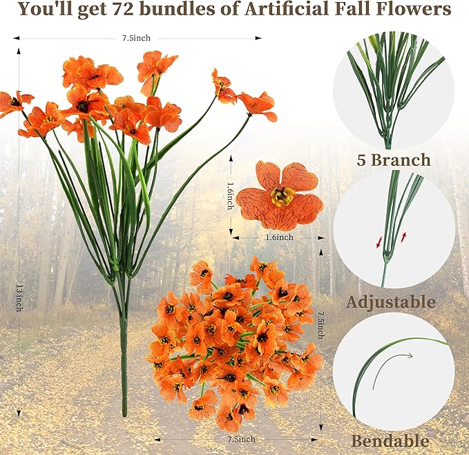 72 Bundles Artificial Mums for Outdoors/Indoors, Fake Flowers Faux Mums for Outdoor Planters, Fall Flowers Artificial for Decoration Garden Porch Window Box Home Wedding Farmhouse