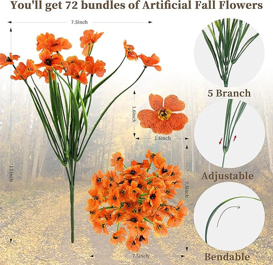 72 Bundles Artificial Mums for Outdoors/Indoors, Fake Flowers Faux Mums for Outdoor Planters, Fall Flowers Artificial for Decoration Garden Porch Window Box Home Wedding Farmhouse