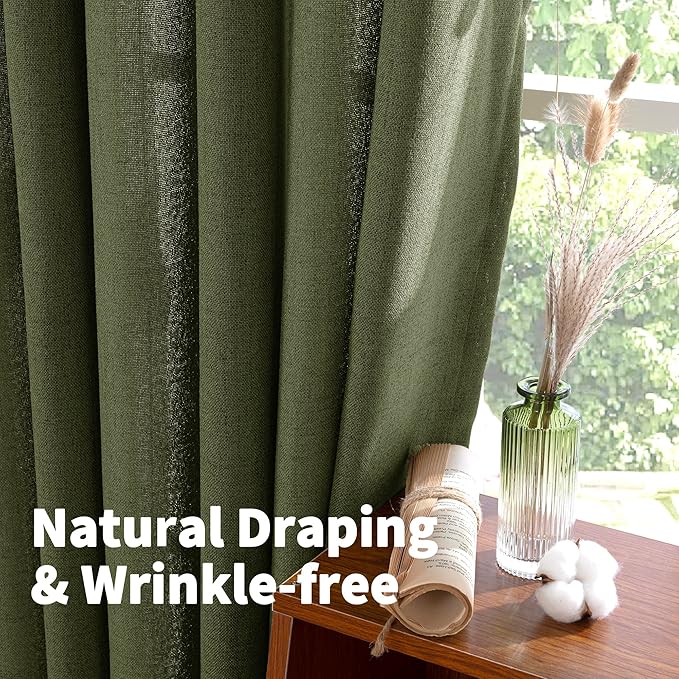 YoungsTex Olive Linen Curtains 68 Inch Length for Living Room, Light Filtering Window Drapes with Bronze Grommet Textured Privacy for Bedroom Farmhouse Decorative, 52 x 68 Inch, 2 Panels