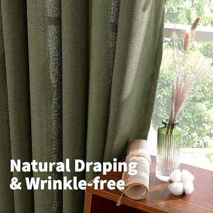 YoungsTex Olive Green Linen Curtains 45 Inch Length, Short Window Drapes Light Filtering Textured Semi Sheer with Rod Pocket Back Tab for Kitchen Living Room, 2 Panels, 42 X 45 Inch