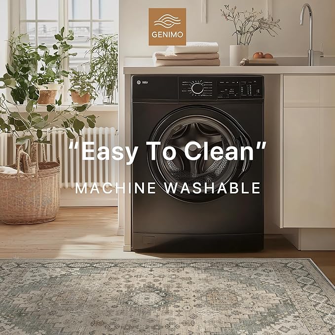 GENIMO Machine Washable 8x10 Area Rugs for Living Room, Non Slip Vintage Rugs, Low Pile Lightweight Chenille Print Rug for Bedroom, Dining Room, Home Office, Oatmeal Gray
