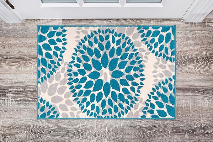Rugshop Modern Blue Floral Circles Design Area Rug – Elegant Non-Shedding, 2' x 3' for Living Room, Bedroom, Dining Room, Kitchen