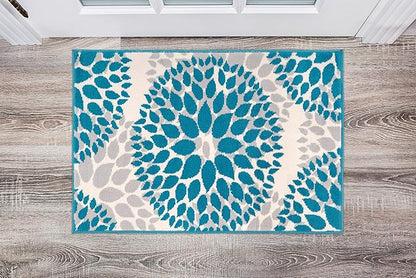 Rugshop Modern Blue Floral Circles Design Area Rug – Elegant Non-Shedding, 2' x 3' for Living Room, Bedroom, Dining Room, Kitchen