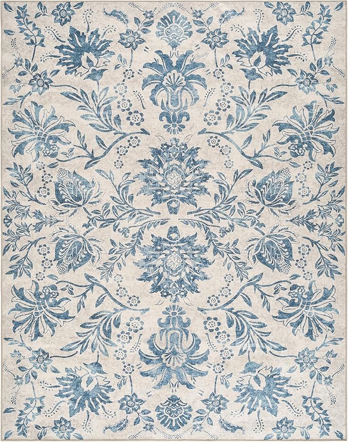 jinchan Floral 8x10 Area Rugs, Vintage-Inspired Design Accent Living Room Rug, Machine Washable Ultra-Thin Low-Pile Non-Slip Traditional Carpet for Bedroom Dining Room Home Office, Dark Blue