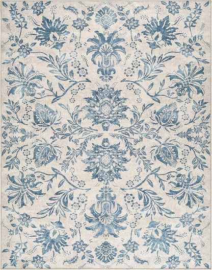 jinchan Floral 5x7 Area Rugs, Vintage-Inspired Design Accent Rug, Machine Washable Ultra-Thin Low-Pile Non-Slip Traditional Carpet for Living Room Bedroom Dining Room Home Office, Turquoise