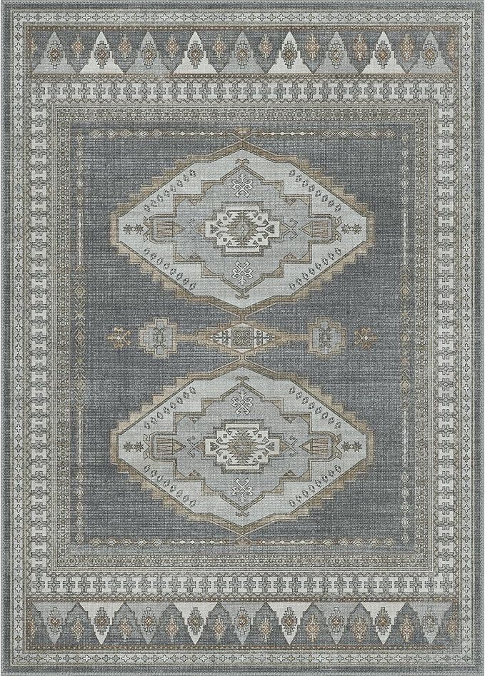 GENIMO Machine Washable 8x10 Area Rugs for Living Room, Non Slip Vintage Rugs, Low Pile Lightweight Chenille Print Rug for Bedroom, Dining Room, Home Office, Gray/Beige