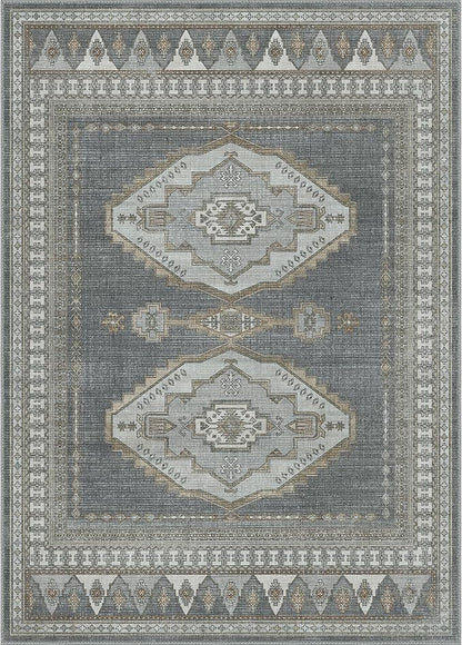 GENIMO Machine Washable 8x10 Area Rugs for Living Room, Non Slip Vintage Rugs, Low Pile Lightweight Chenille Print Rug for Bedroom, Dining Room, Home Office, Gray/Beige
