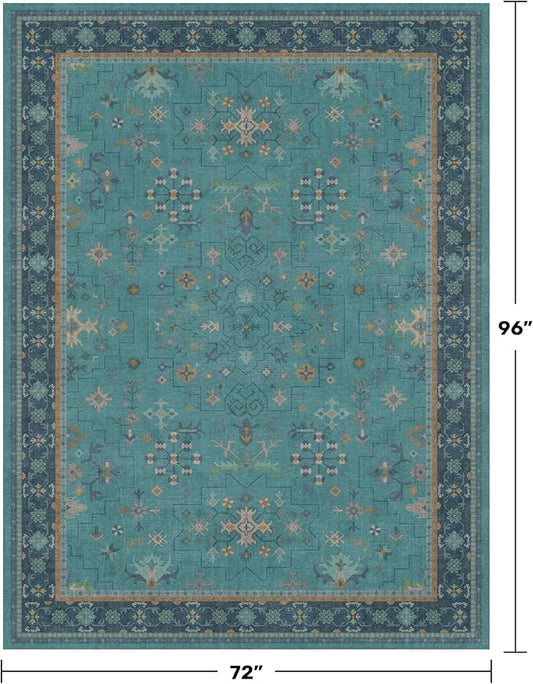 Boho Teal 6x8 Rug for Living Room, Washable Area Rugs for Bedroom, Dining Room Under Table, Vintage Turquoise Décor Indoor, Low Pile & Soft Carpet