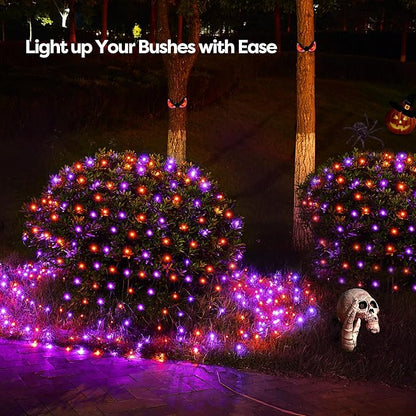 WBao Halloween Lights Outdoor 360LED 11.5ft x 6.9ft Halloween Net Lights with 8 Modes, Timer, Connectable, Waterproof & Dark Green Wire for Lawn, Bushes Outdoor Holiday Decorations, Orange Purple