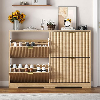 Shoe Cabinet Storage for Entryway with 4 Flip Drawers, Oak Fluted Shoe Cabinet with Adjustable Shelves, Wooden Hidden Shoes Rack Freestanding Narrow Slim Shoes Storage for Hallway, Entrance