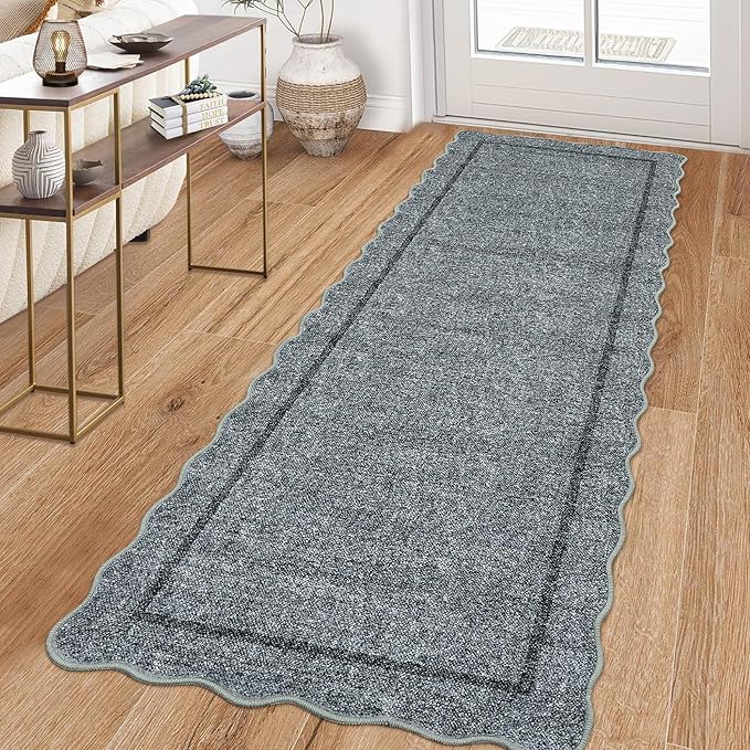 GarveeHome Scalloped Washable Runner Rugs 2x6 Rug Runner Modern Non Slip Kitchen Rugs Indoor Entryway Rug Farmhouse Soft Bath Mat Stain Resistant Carpet for Bedroom Hallway Laundry 2 ft x6 ft Grey