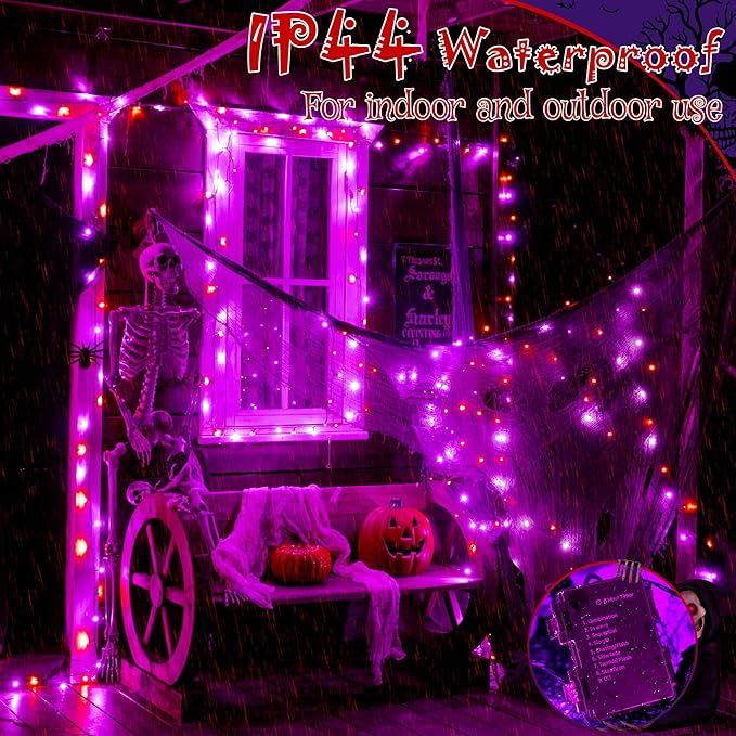 Ollny Halloween Lights 150LED 49FT, Orange and Purple String Lights with Creepy Cloth(315 x 85 in), Battery Operated Fairy Lights with 8 Lighting Modes Timer for Outdoor Party Yard Decor