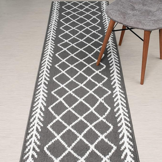 10 Ft Non-Slip Grey Soft Indoor Bohemian Trellis Hallway Kitchen Runner Rug, 2'7" X 10' Washable Carpet - Rubber Backed, Custom Size Floor Mat for Entryway Stairs Bedroom Bathroom