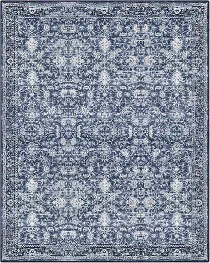 KILOCOCO Area Rug 9x12 Living Room Rug Washable Printed Vintage Floral Non Slip Soft Rubber Backed Indoor Bedroom Rugs for Laundry Room Kitchen Playroom Moroccan Area Rugs, Blue