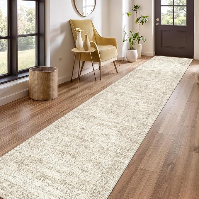 Washable Runner Rug 2.5x14, Non-Slip Long Hallway Runner for Entryway, Soft Vintage Kitchen Mats for Floor, Abstract Dining Room, Bedroom, Living Room Rugs(2.5'x14', Beige/Ivory)