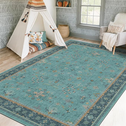 Boho 8x10 Large Teal Green Rugs for Living Room - Vibrant Turquoise Rug for Bedroom under Bed, Dining Room under Kitchen Table, Washable Soft Non Slip Unique Aqua Colorful Indoor Décor teal area rug