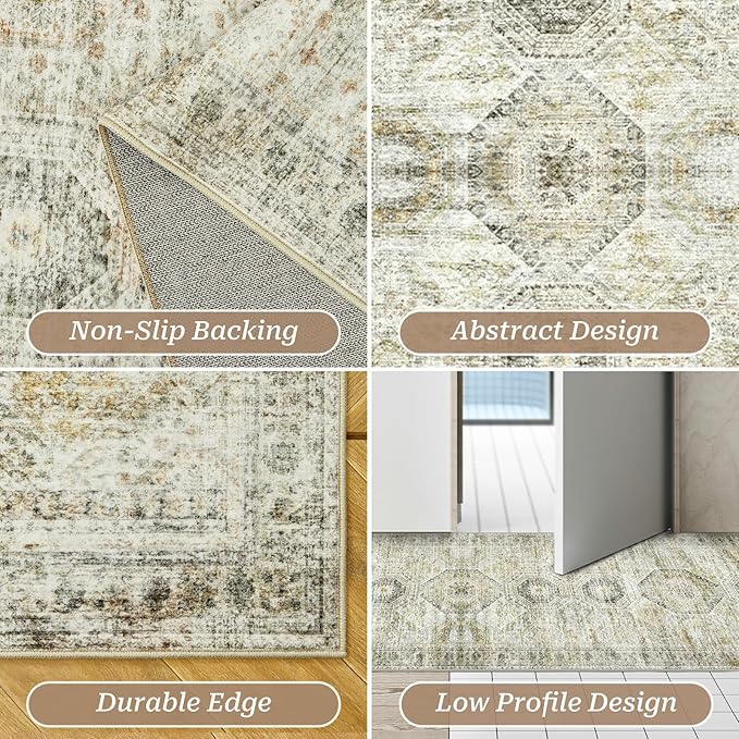 2x5 Rug Runner Washable for Entryway, Soft Bathroom Rugs with Non-Slip Backing, Abstract Low Pile Hallway Runner, Vintage Small Kitchen Carpet for Stair, Laundry Room(2'x5', Grey/Yellow)