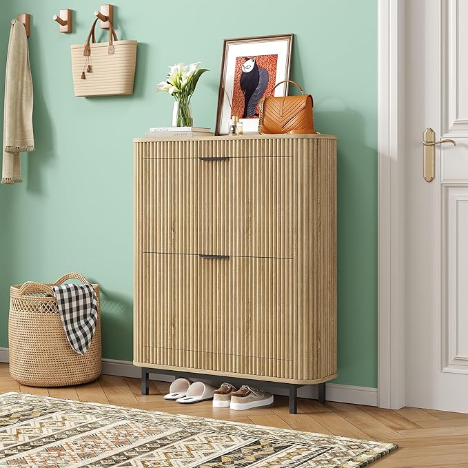 Shoe Cabinet with 2 Flip Drawers, Arc Narrow Wood Shoe Storage Cabinet with Fluted Panel and Metal Legs, Freestanding Wood Hidden Shoe Rack Cabinet for Foyer, Hallway, Nature