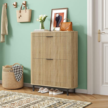 Shoe Cabinet with 2 Flip Drawers, Arc Narrow Wood Shoe Storage Cabinet with Fluted Panel and Metal Legs, Freestanding Wood Hidden Shoe Rack Cabinet for Foyer, Hallway, Nature