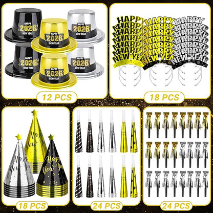 96PCS Party Supplies - New Years Headbands, Hats & Noisemakers for 48 People - Plastic Party Favors, Cone Hats, Horns