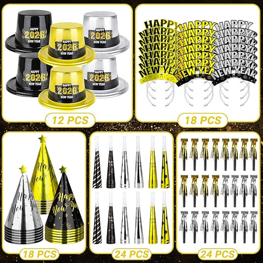96PCS Party Supplies - New Years Headbands, Hats & Noisemakers for 48 People - Plastic Party Favors, Cone Hats, Horns