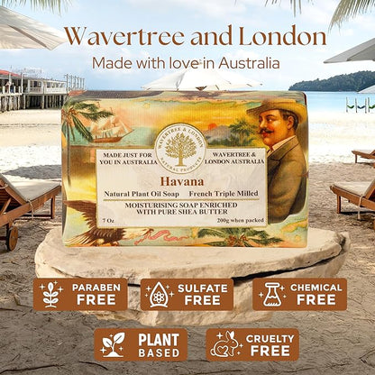 Wavertree & London Havana Scented Natural Soap Bar, 7oz Moisturizing French Triple Milled Soap Bar for Women & Men Enriched with Organic Shea Butter, Pure Bath & Body Soap (1 Bar)