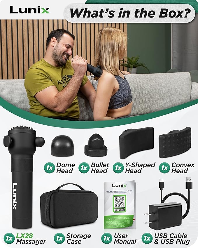 Lunix LX28 Deep Tissue Massage Gun, Portable Handheld Vibration Massager for Neck, Back & Legs, 7 Heads & 4 Speeds, Rechargeable, Lightweight Full Body Muscle Therapy