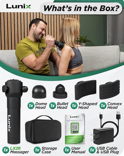 Lunix LX28 Deep Tissue Massage Gun, Portable Handheld Vibration Massager for Neck, Back & Legs, 7 Heads & 4 Speeds, Rechargeable, Lightweight Full Body Muscle Therapy
