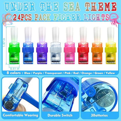 24PCS Under the Sea Party Favors-Summer Beach LED Finger Lights：Glow-in-the-Dark Light-Up Toys Bulk for Kids,Ocean Birthday Party Decorations Supplies,Goodie Bags Stuffers, Classroom Prizes Gifts