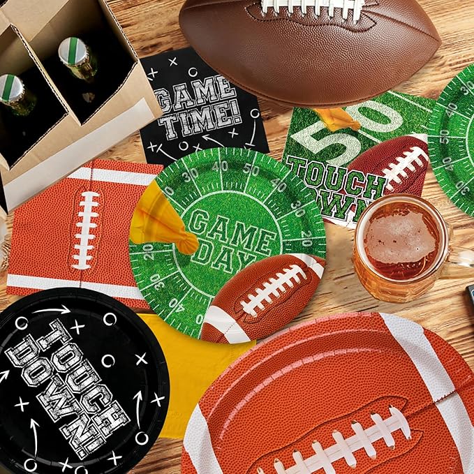 Gatherfun Football Party Supplies Kit for 24 Guests - Includes Large 12.5in Plates, Dessert Plates, Napkins, Cups, Banner and Touchdown Tablecloth - for Football Tailgate Party Decorations