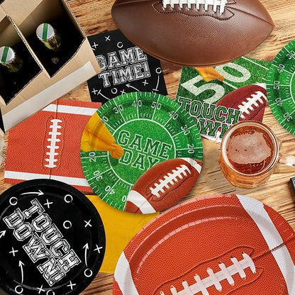 Gatherfun Football Party Supplies Kit for 24 Guests - Includes Large 12.5in Plates, Dessert Plates, Napkins, Cups, Banner and Touchdown Tablecloth - for Football Tailgate Party Decorations