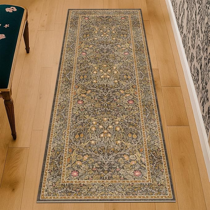 Non Slip 2x8 Gold Brown Long Bathroom Runner Rug, Washable Runner Rug for Hallway, Entryway Rug, Stain Resistant Kitchen Floor Mat - Vintage Floral Indoor Décor, Low Pile Soft Carpet