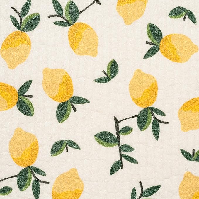 Swedish Dishcloths 4 Pack Yellow Lemons and Oranges Print Reusable Sponges Kitchen Cleaning Cloth Dish Scrubber, Machine Washable, Measures 7.87”x6.88 inches.