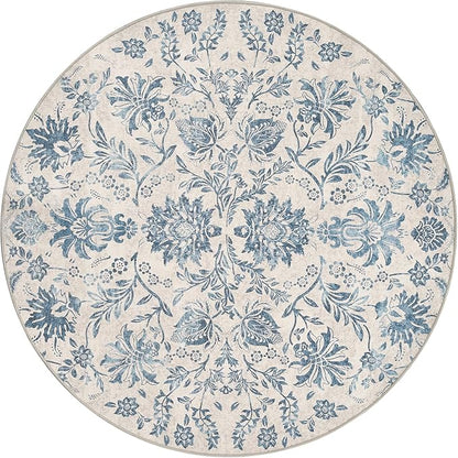 jinchan Classic Floral Round Rug 7ft, Vintage-Inspired Design 7’Circle Rug, Machine Washable Ultra-Thin Low-Pile Non-Slip Indoor Carpet for Bedroom Dining Room Living Room, Dark Blue