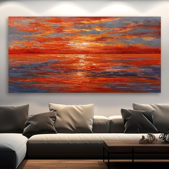Red Sunset Ocean Abstract Wall Art Canvas Print Wall Decor Landscape Painting Framed Beach Artwork for Living Room Bedroom Office Farmhouse Bar Home Decor 24"x48"