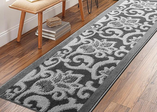 10 Ft Long Non-Slip Washable Carpet Runner Rug with Rubber Backing, Custom Floor Mat for Kitchen Hallway Stairs Bedroom Bathroom Entryway, Your Choice of Length, Lily Anthracite (26" X 10')
