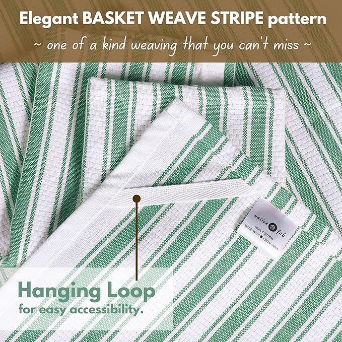 Native Fab Cotton Kitchen Towels - 16x26 inches - Set of 4 - Basket Weave Stripe Dish Towels for Cleaning, Drying Dishes, Absorbent Dish Cloths Set with Hanging Loop - Royal Green