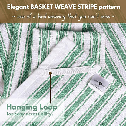 Native Fab Cotton Kitchen Towels - 16x26 inches - Set of 4 - Basket Weave Stripe Dish Towels for Cleaning, Drying Dishes, Absorbent Dish Cloths Set with Hanging Loop - Royal Green
