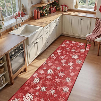 3x8 Runner Rug Non Slip for Hallway, Washable Christmas Rugs for Living Room, Ultra-Thin Snowflake Bathroom Rug Runner, Soft Red and White Christmas Decor Indoor(3'x8', Red/White)