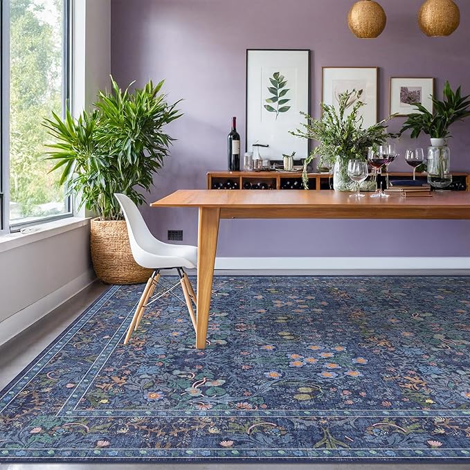 Vintage Dark Blue Living Room Rug, 7x10 Washable Large Area Rugs for Bedroom, Dining Room Rugs Under Kitchen Table, Oriental Navy Blue Low Pile Stain Resistant Non-Slip