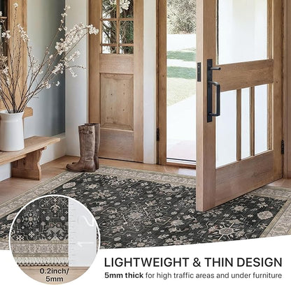 GENIMO 2'5x10 Runner Rug,Machine Washable Non-Slip Vintage Rugs,Low Pile Lightweight Carpet for Bedroom,Hallway,Entryway,Kitchen,Bathroom,Black