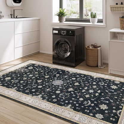 3x5 Area Rug for Entryway, Small Black Boho Washable Rug, Soft Modern Low Pile Indoor Doormat, Carpet for Bedroom Bedside Living Room Bathroom Playroom Kitchen Dining Room Laundry, Black/Gold