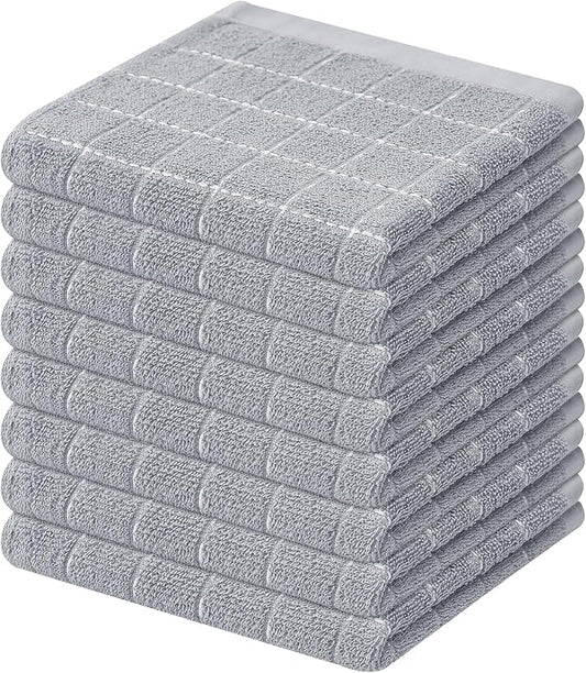 Mordimy 100% Cotton Terry Cloth Dish Cloths, Soft and Absorbent Checkered Dish Towels, Quick Drying Dish Rags for Washing Dishes, 8 Pack, 12 x 12 Inches, Light Grey