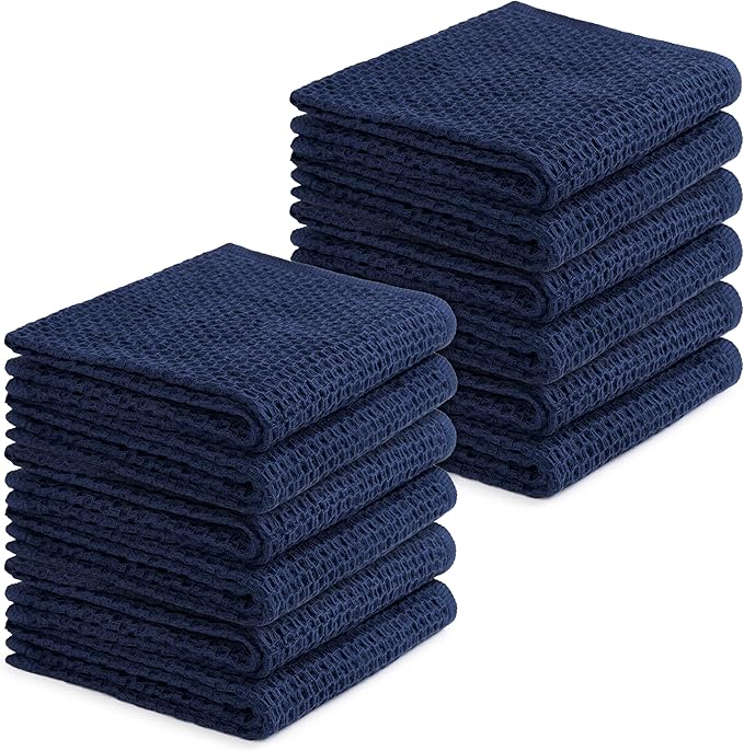 Cotton Waffle Weave Kitchen Towels - Pack of 12 (13x28 Inches), High GSM, Ultra Soft, Absorbent Dish, Best for Dish Cloths, Hand Towels & Dish Rags - Blue (Kitchen Essentials)