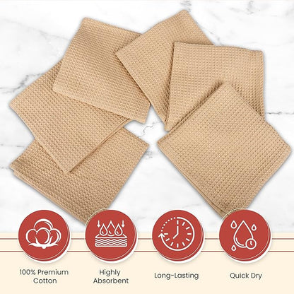 Vintage Vista 100% Cotton Waffle Dish Cloths (Pack of 6) - Dish Rags for Washing Dishes - Reusable & Highly Absorbent Kitchen Towels - Kitchen Rags for Christmas - (12" x 12" - Beige)