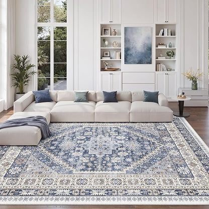 zesthome 10x12 Area Rugs,Stain Resistant Washable Rug,Ultra-Thin Rugs for Living Room,Bedroom,Non-Slip Backing Home Decor Large Area Rug (Blue/Beige,10'x12')