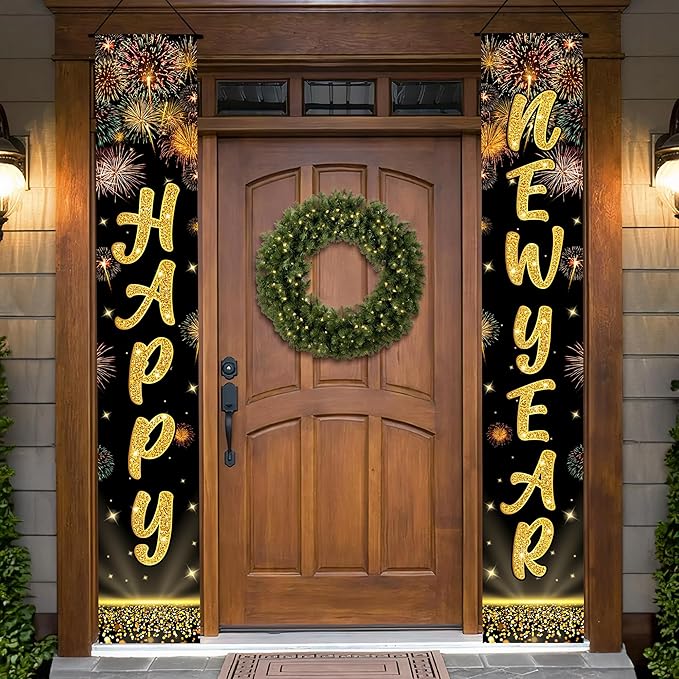 KatchOn, XtraLarge Happy New Year Banner 2026-72x12 Inch | Happy New Year Door Banner for Black and Gold New Years Decorations 2026 | Front Porch Sign, New Years Eve Party Supplies 2026 | NYE Decor
