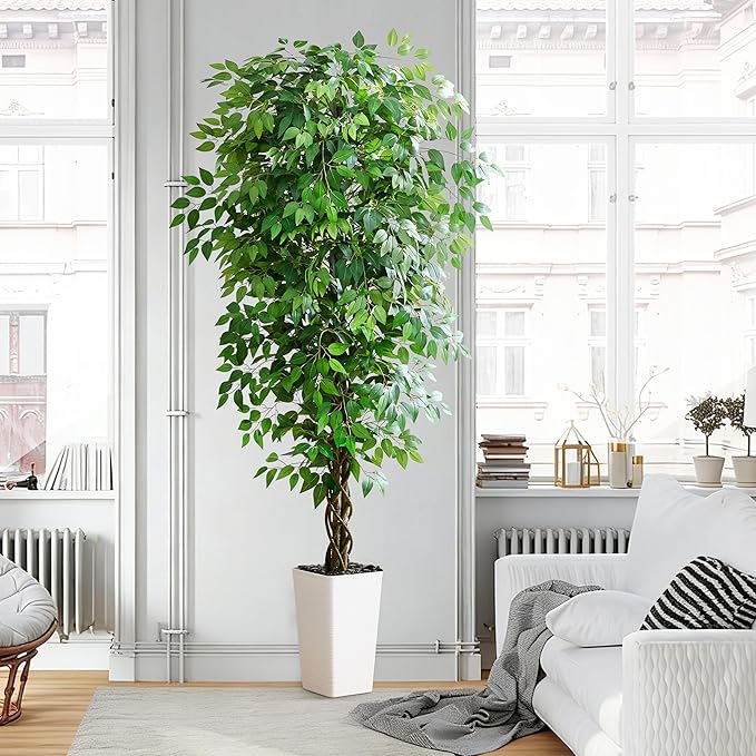 Artificial Ficus Tree 6FT Faux Plants Indoor Tall Fake Plants with White Tall Planter, Green Lifelike Lush Fake Ficus Tree for Home Living Room Bedroom Outdoor Balcony House Office Decor